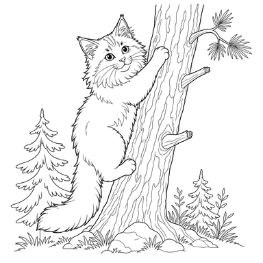 Norwegian Forest Cat Climbing a Tree