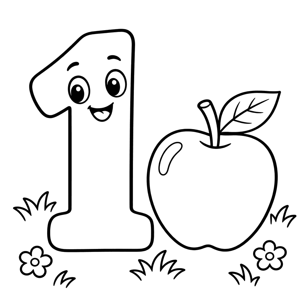 Number 1 and Apple Coloring Page