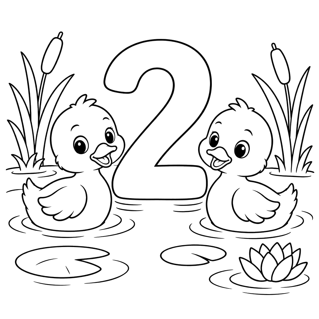 Number 2 and Two Ducklings Coloring Page