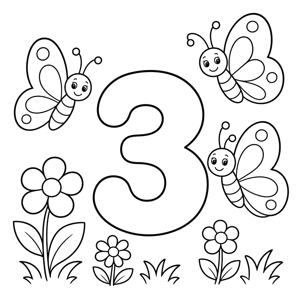Number 3 with Three Butterflies