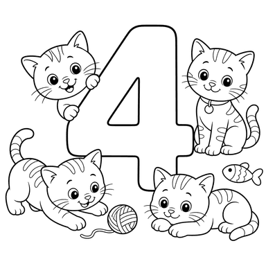 Number 4 and Four Kittens