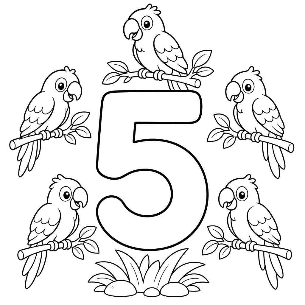 Number 5 and Five Parrots