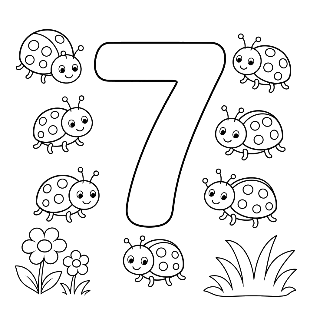 Digit 7 with Seven Beetles Coloring Page