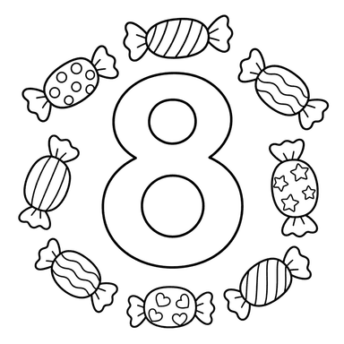 Number 8 with Eight Candies Coloring Page