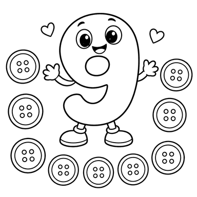 Number 9 and Nine Buttons Coloring Page