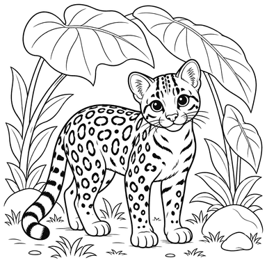 Ocelot Under Big Leaves Coloring Page