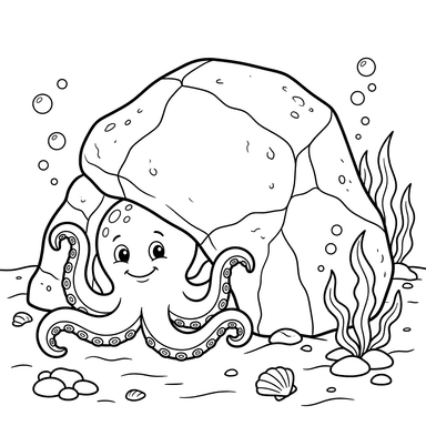 Octopus Hiding Under a Rock Coloring Page