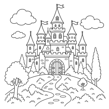 Old Castle on a Green Hill — Coloring Page
