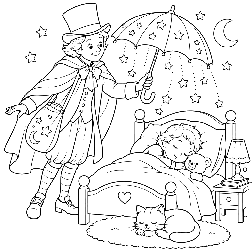 Ole Lukøje Opens an Umbrella Over the Bed