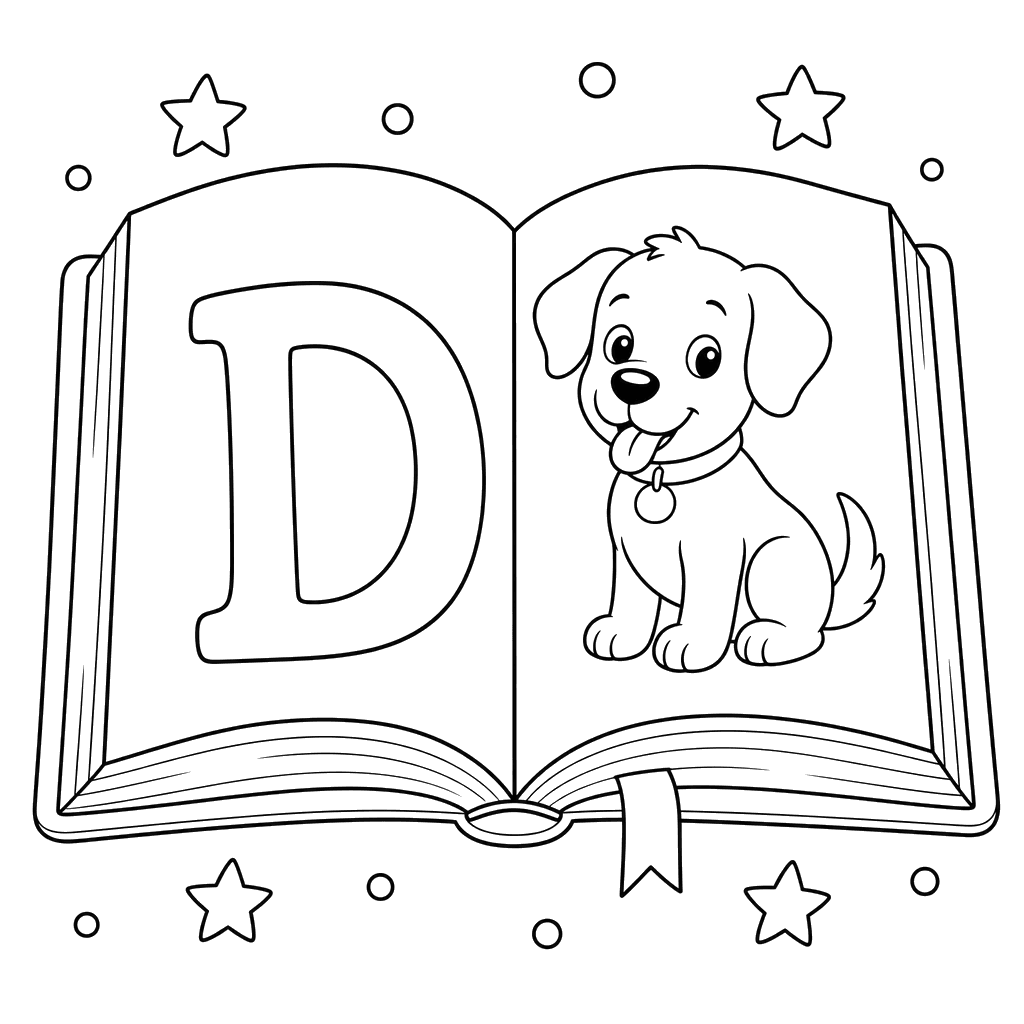 Letter D on Open Book Page Coloring Page