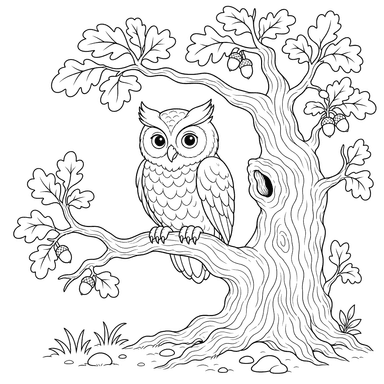 Owl on Oak Branch Coloring Page