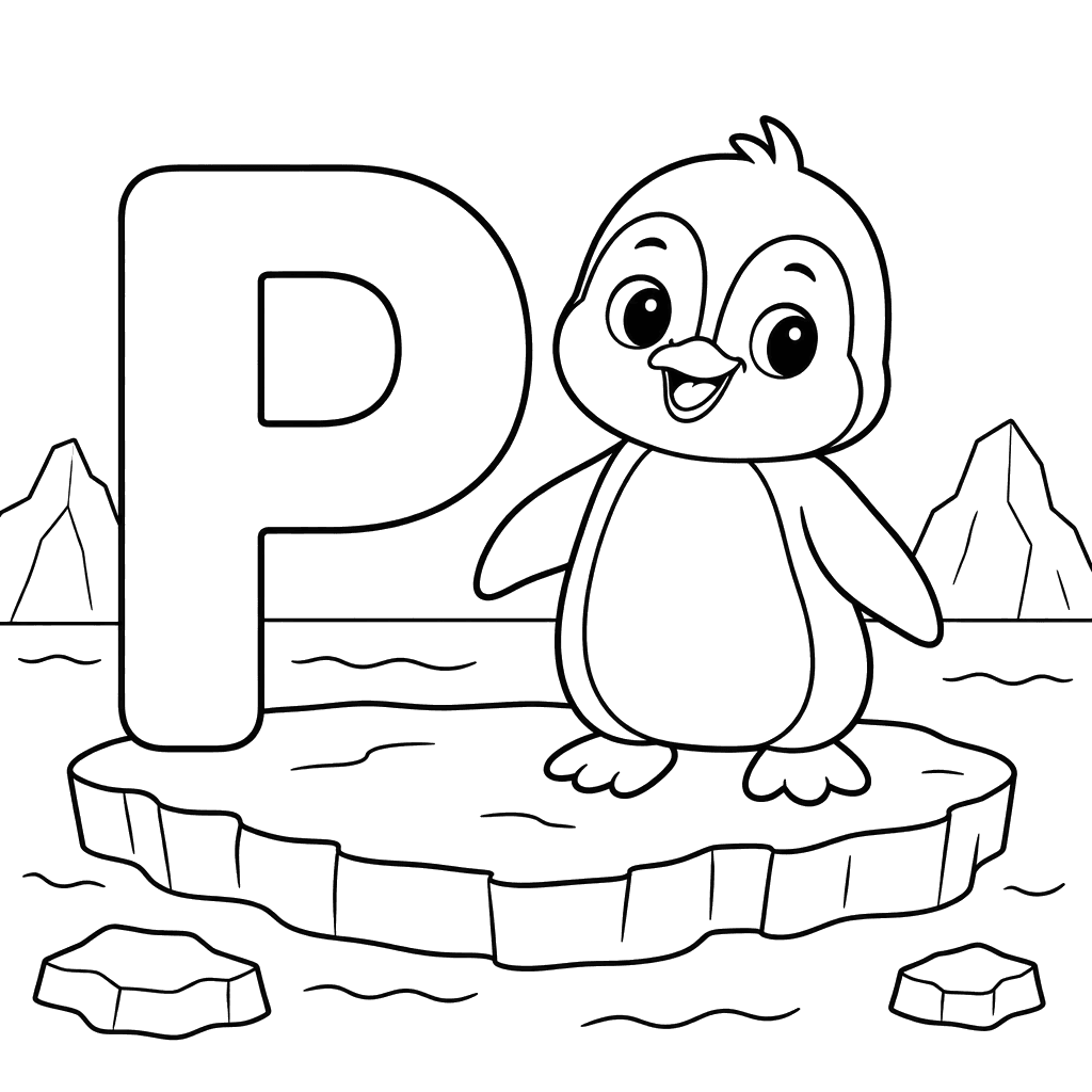 Letter P and Penguin Coloring Page