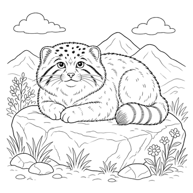 Fluffy Pallas's Cat on a Rock Coloring Page