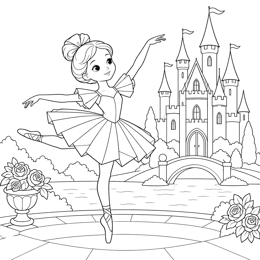 Paper Ballerina at the Castle Coloring Page