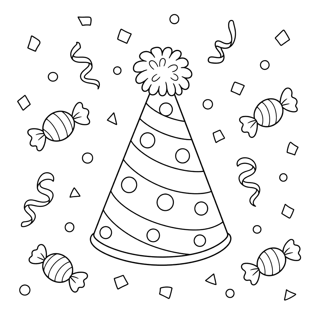 Party Hat and Confetti Coloring Page