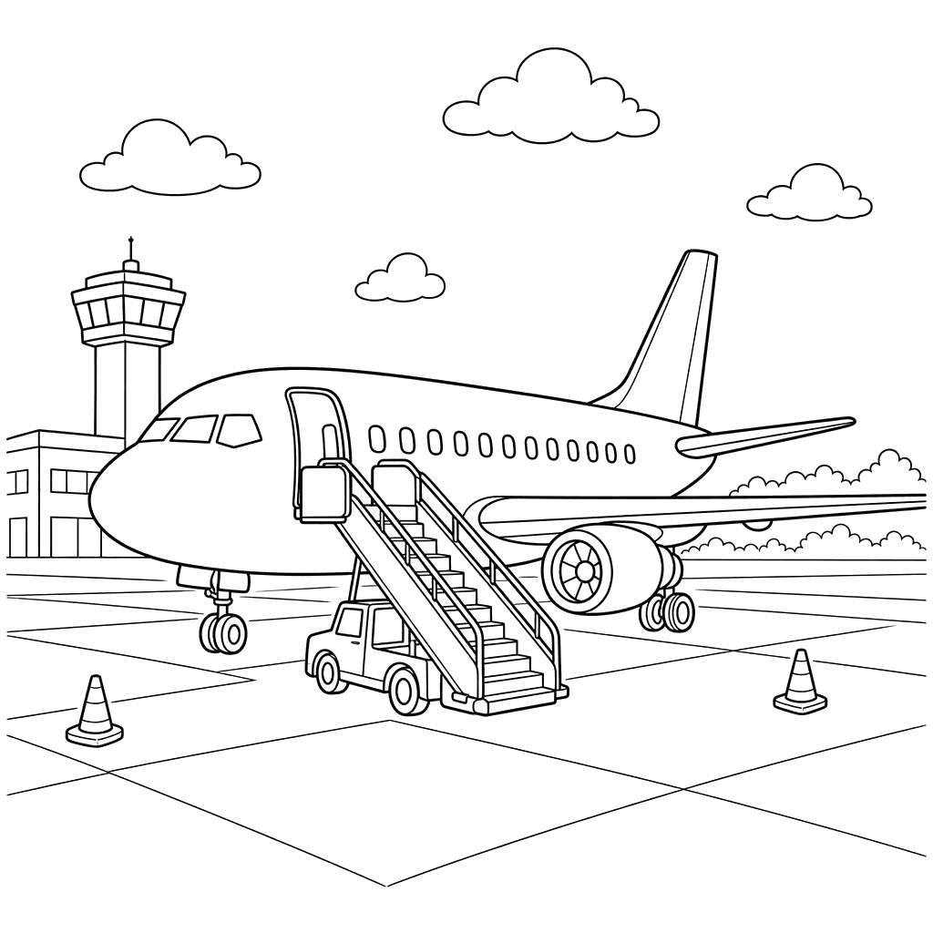 Passenger Airplane with Boarding Stairs