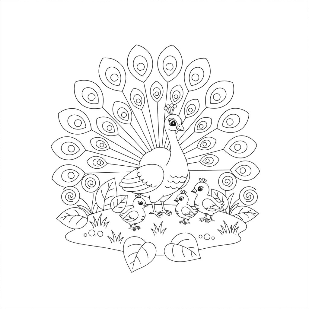 Peacock and Chicks Coloring Page