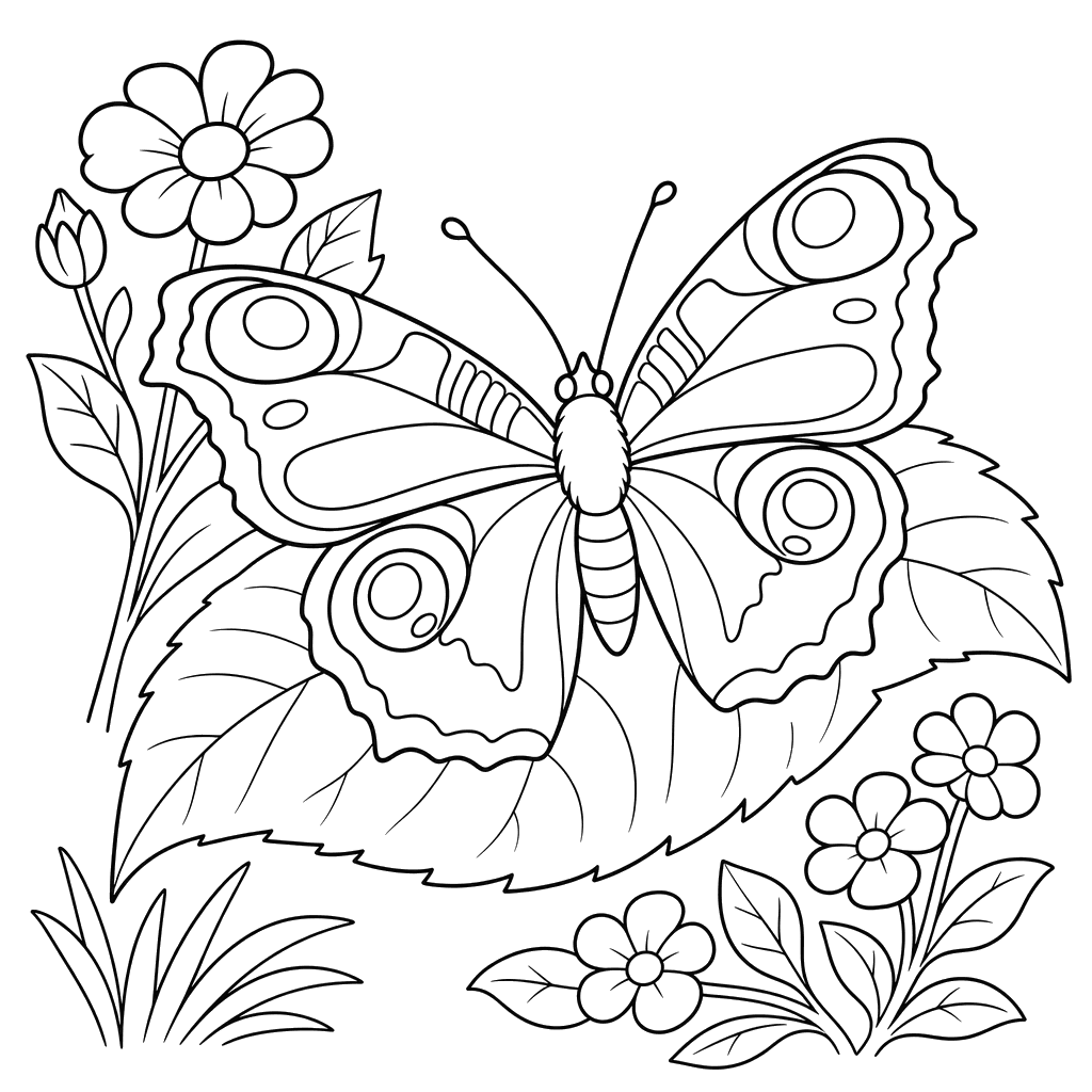 Peacock-eye Butterfly on a Leaf Coloring Page