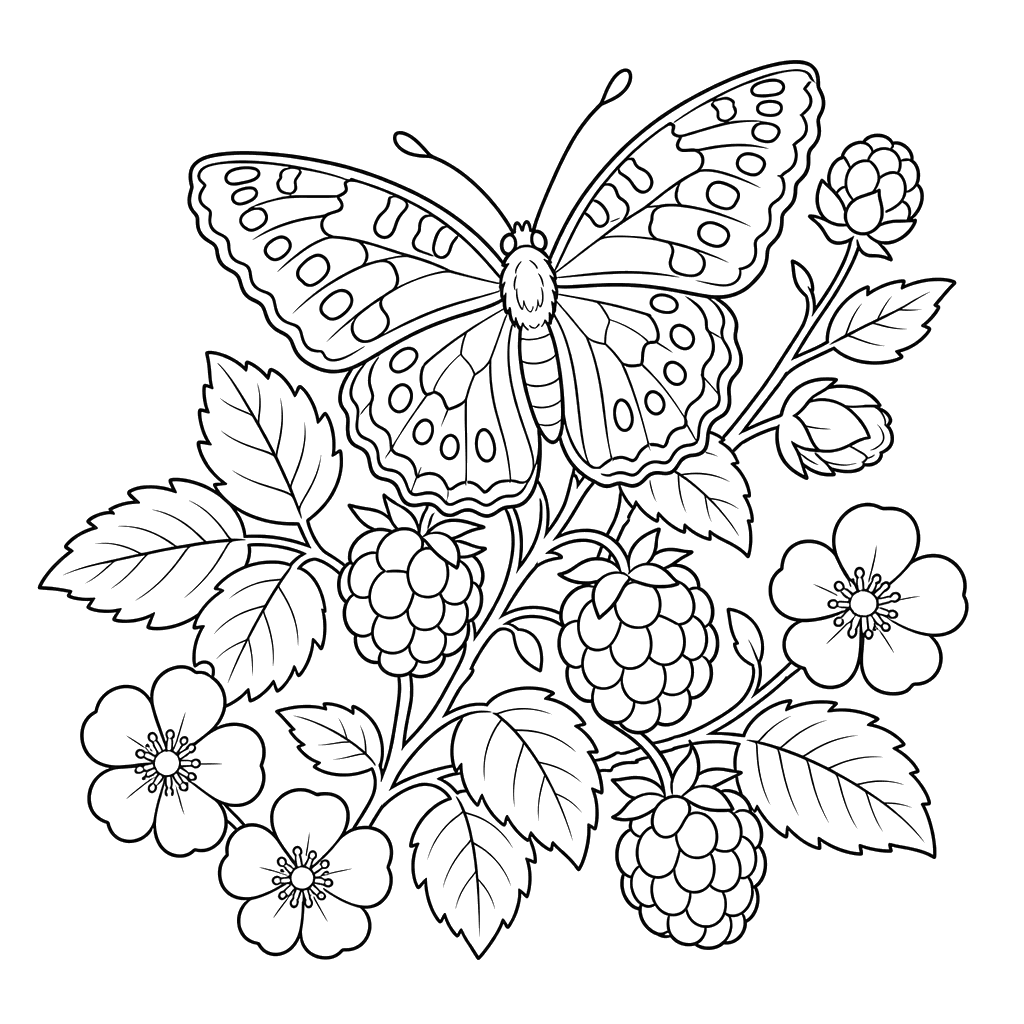 Pearl Butterfly on a Berry Bush Coloring Page