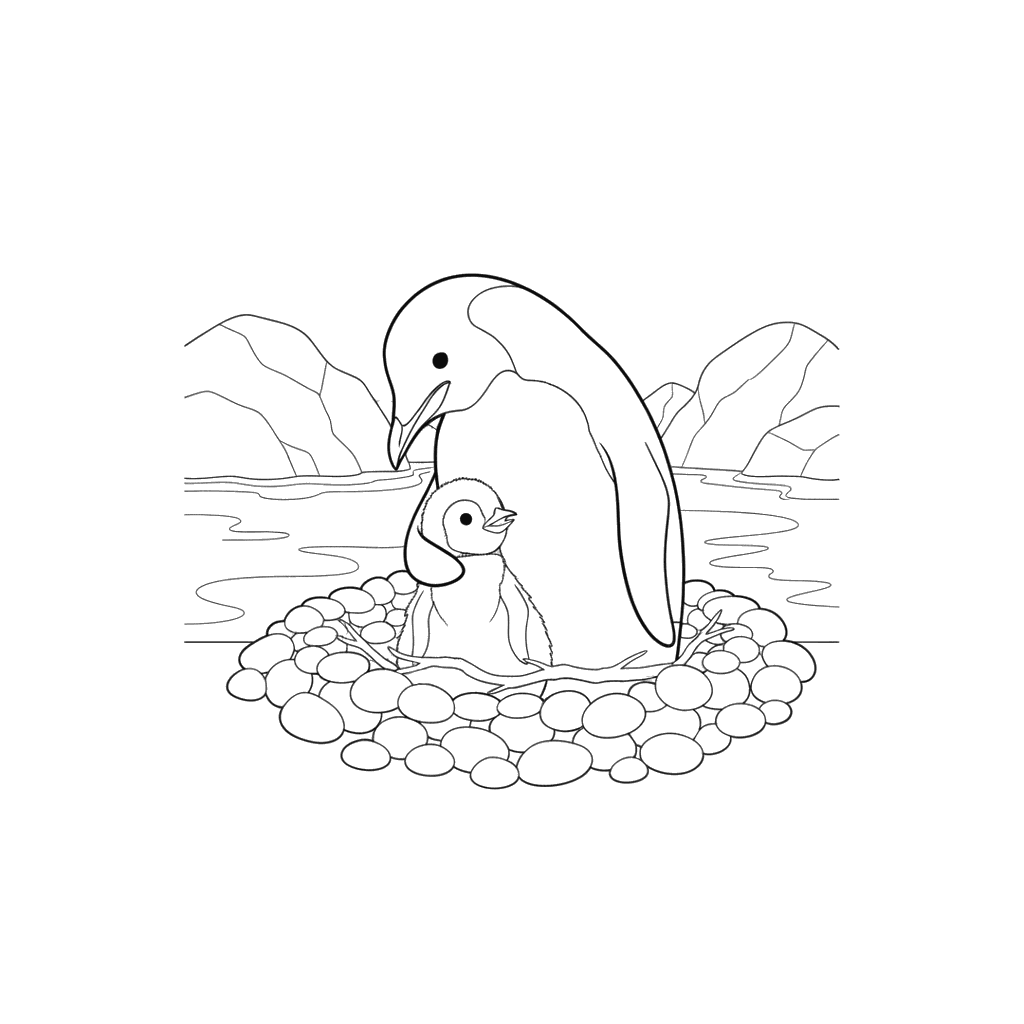 Penguin with Chick in Nest Coloring Page