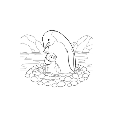 Penguin with Chick in Nest Coloring Page