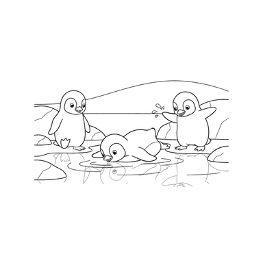 Penguin Chicks Playing by the Water Coloring Page