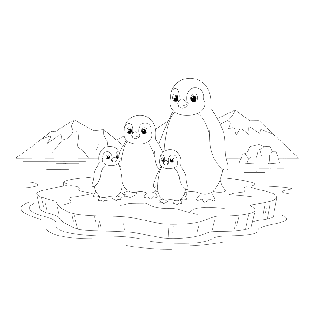 Penguin Family on an Ice Floe Coloring Page