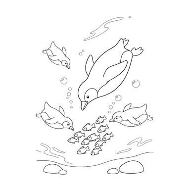 Playful Penguins Diving for Fish Coloring Page