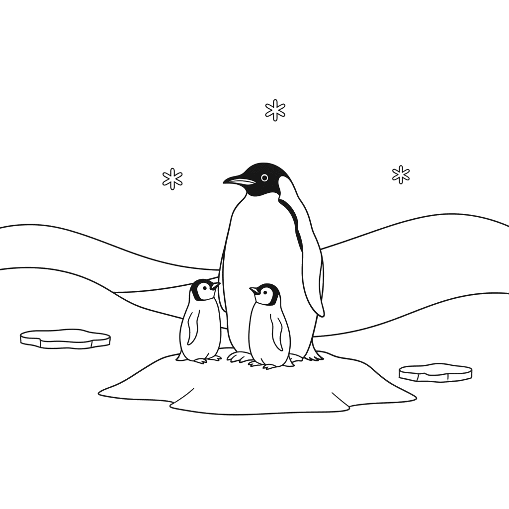 Penguins in Snow Coloring Page