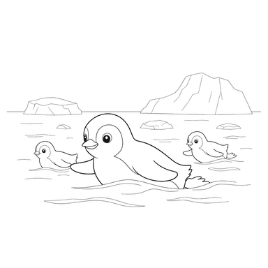 Penguins Swimming in the Ocean Coloring Page