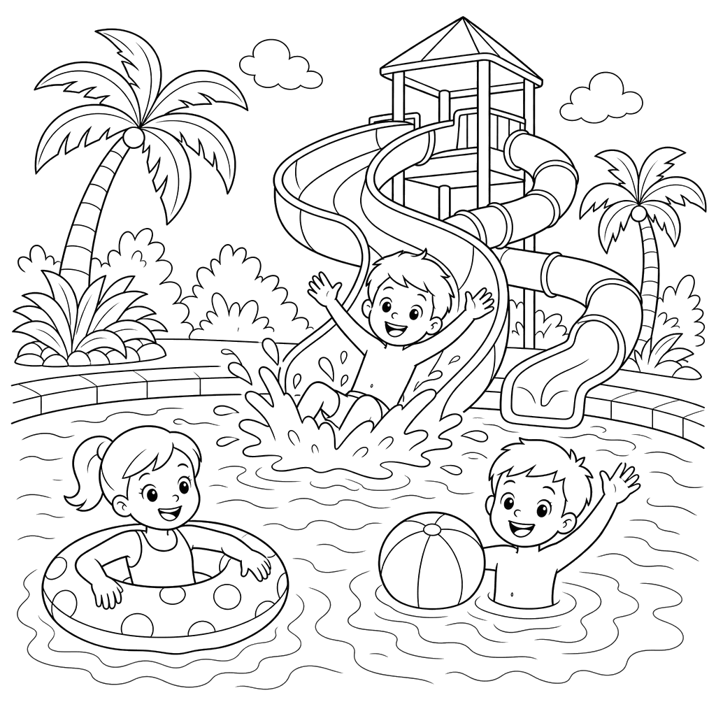 People Swimming in a Water Park Pool — Coloring Page