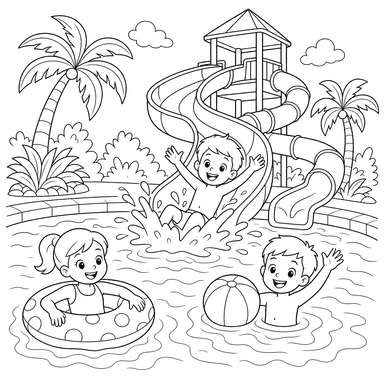 People Swimming in a Water Park Pool — Coloring Page