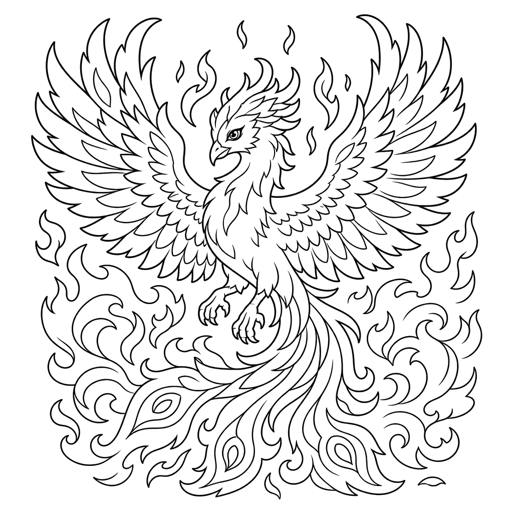 Phoenix in Flying Flames Coloring Page