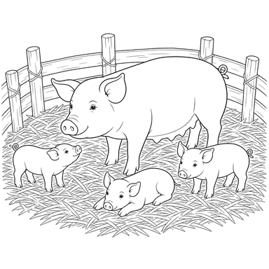 Pig Family in a Straw Pen