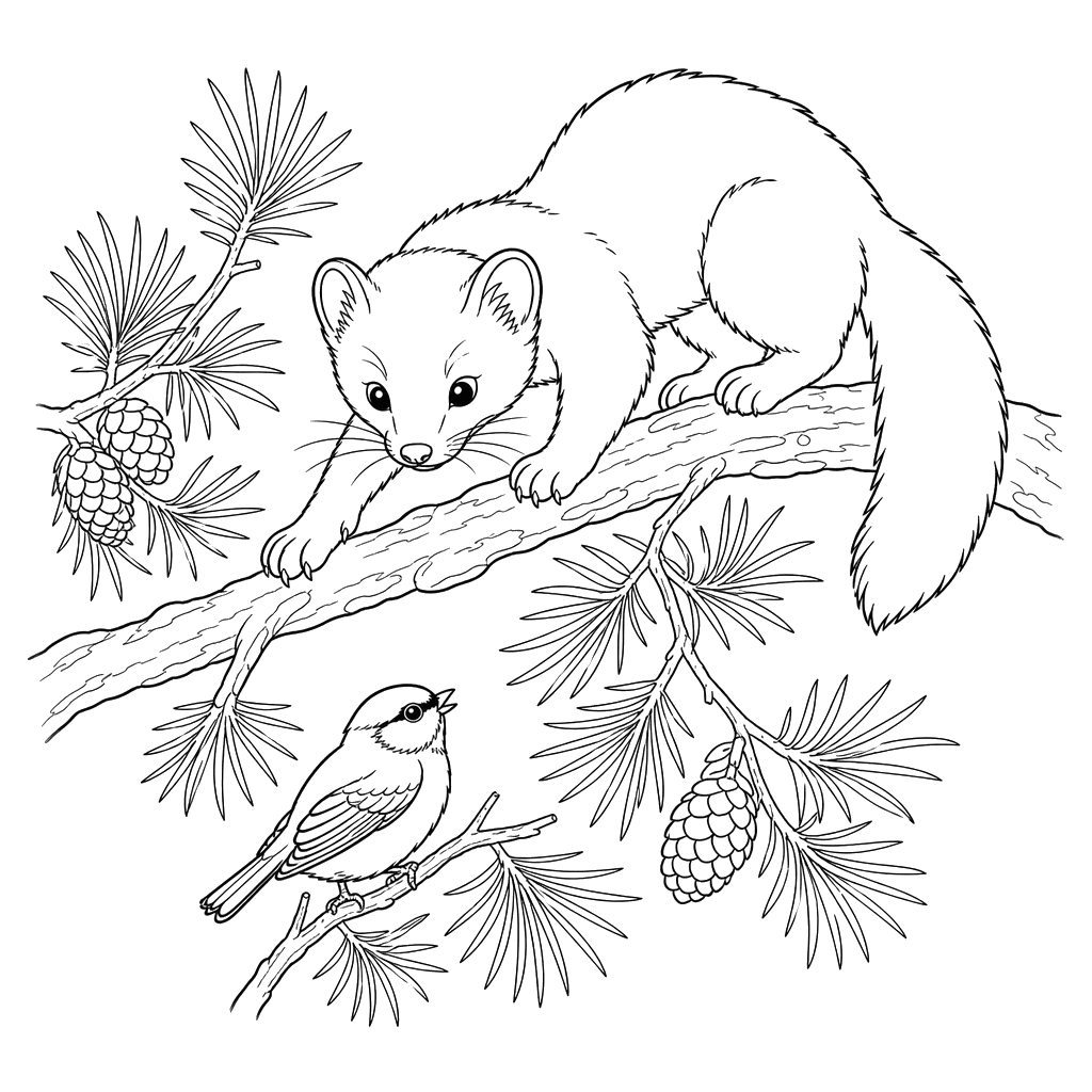 Pine Marten on a Pine Branch Coloring Page