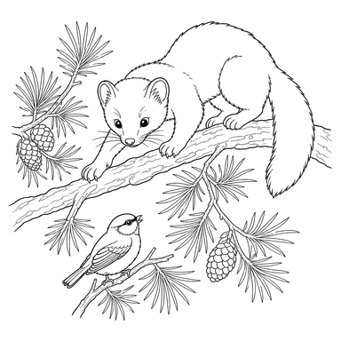 Pine Marten on a Pine Branch Coloring Page