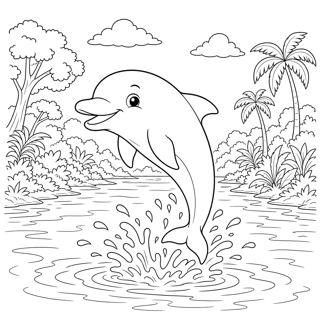 Pink Dolphin in Amazon Coloring Page