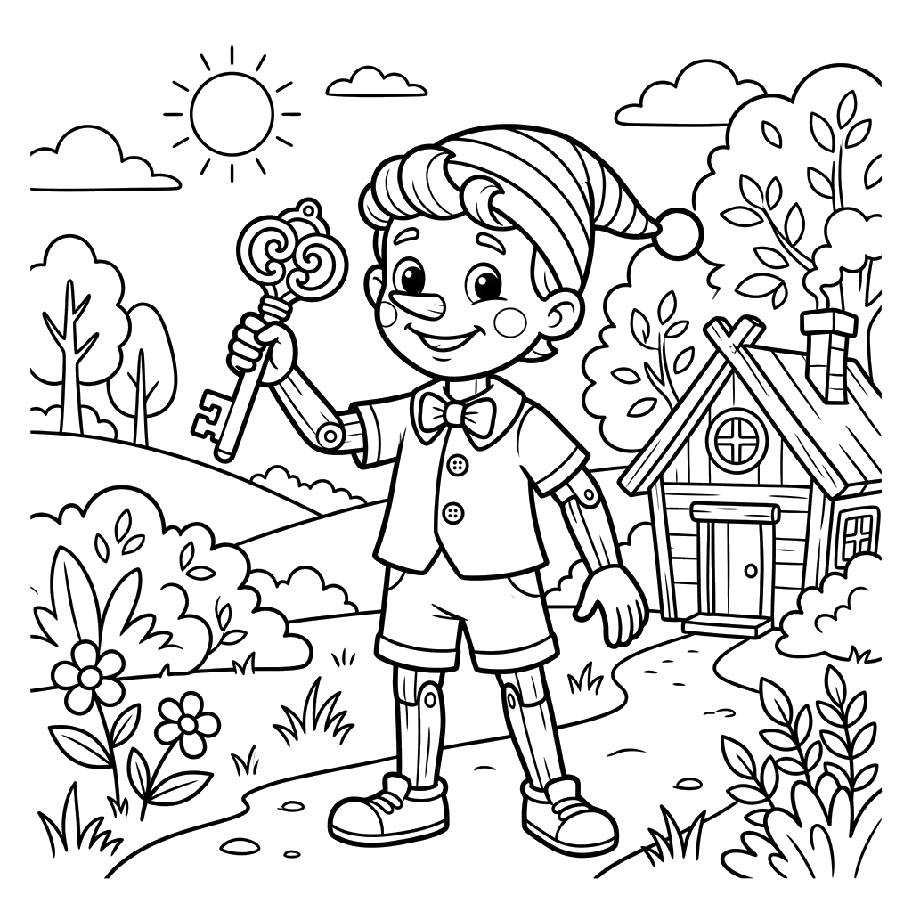 Pinocchio with Golden Key Coloring Page