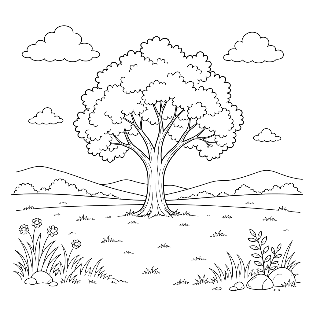 Plain Landscape with a Lonely Tree — Coloring Page