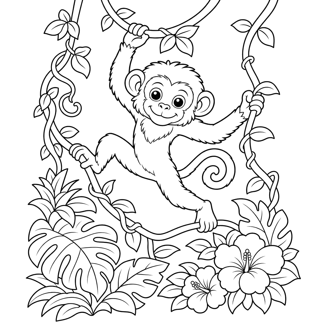 Playful monkey jumping on vines coloring page