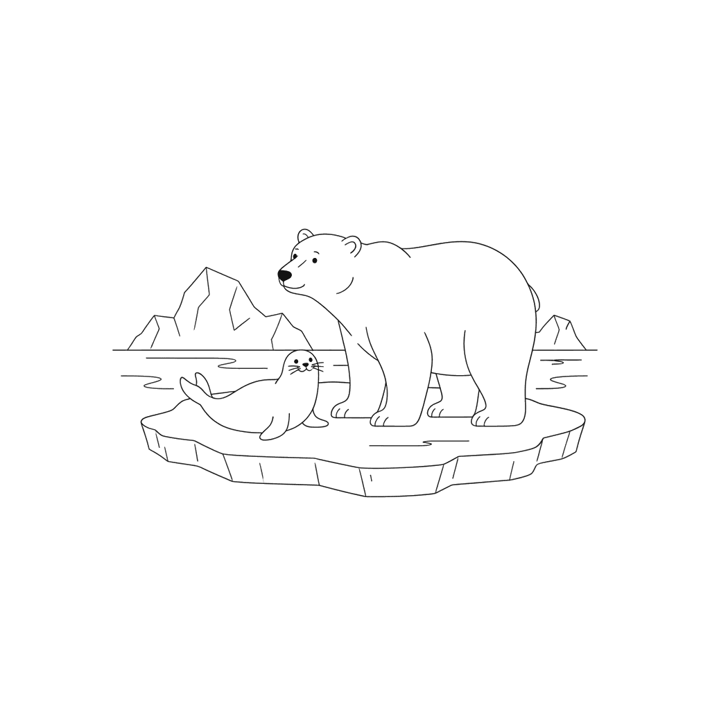 Polar Bear Observing a Seal Coloring Page