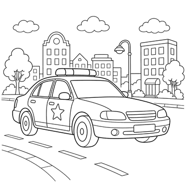 Police Car on City Street Coloring Page