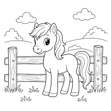 Pony by the Wooden Fence Coloring Page