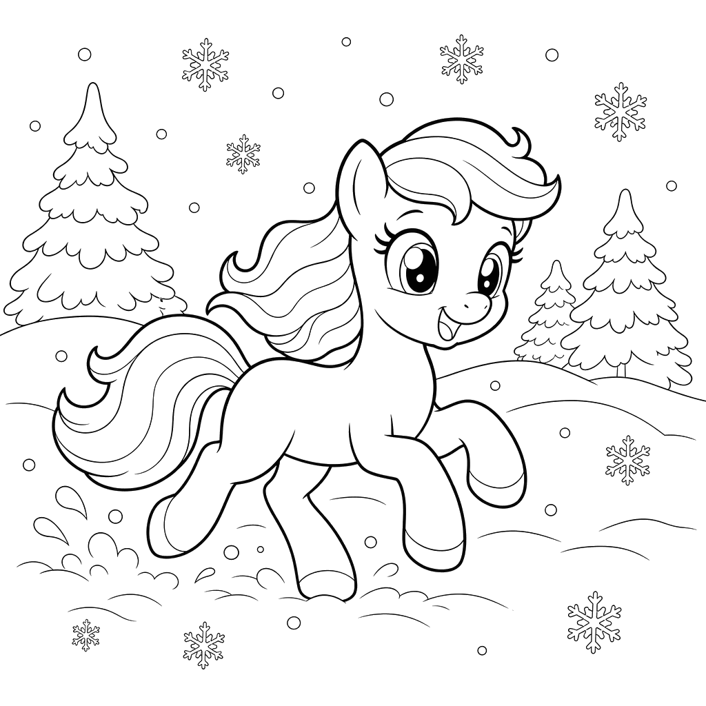 Pony Running in the Snow Coloring Page
