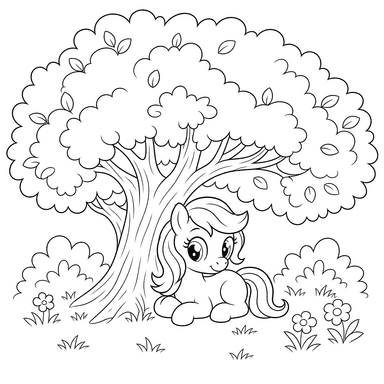 Pony under a big tree coloring page