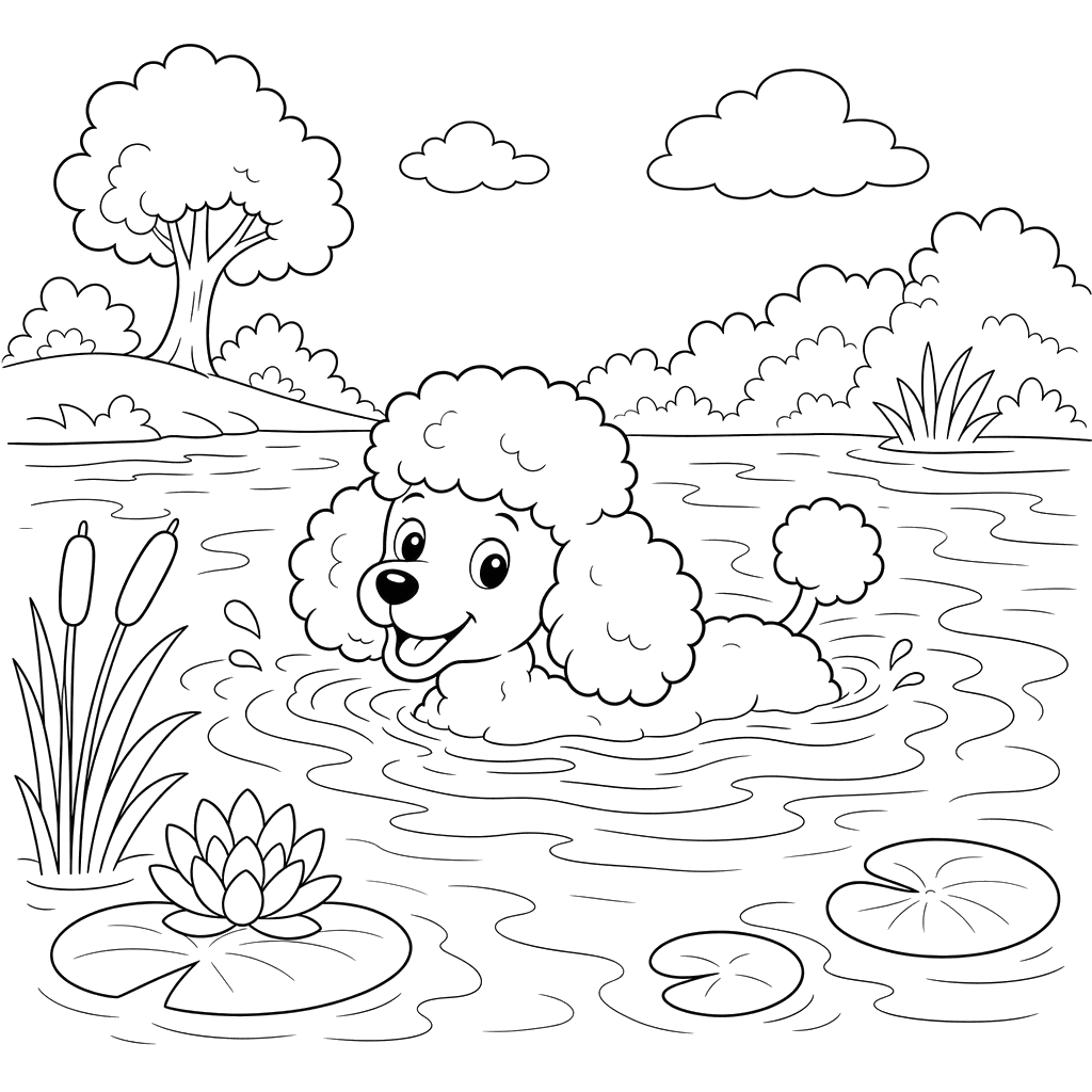 Poodle Swimming in a Lake Coloring Page