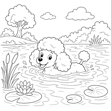 Poodle Swimming in a Lake Coloring Page