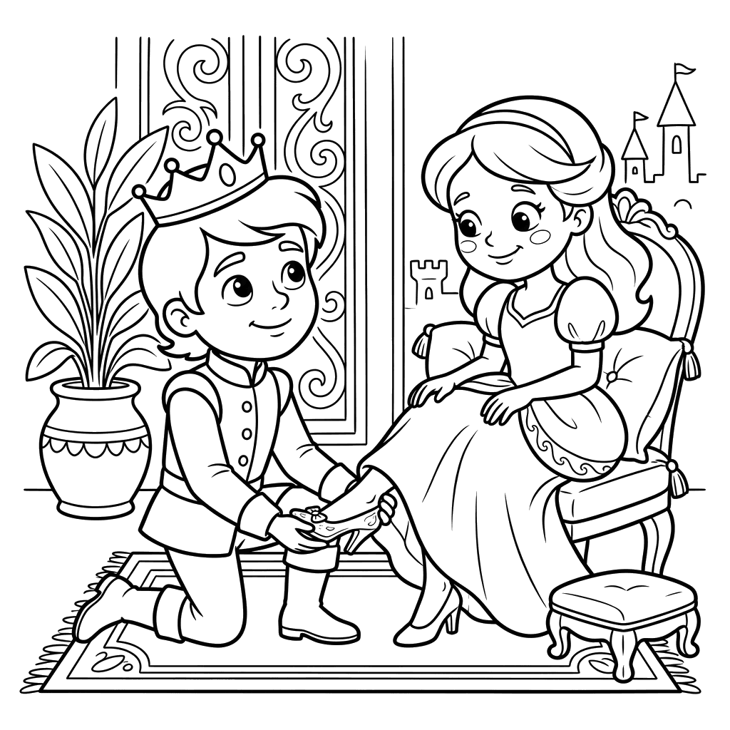 Prince Trying on Cinderella's Slipper Coloring Page