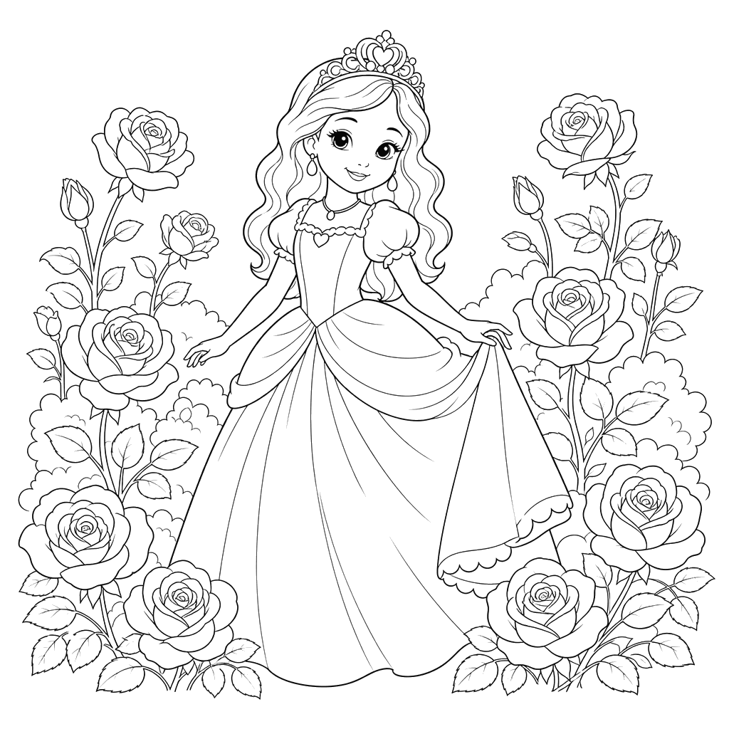 Princess Among Blooming Roses Coloring Page