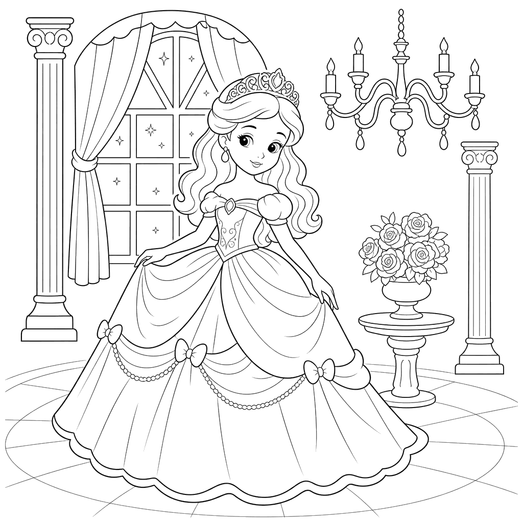 Princess at a Ball with a Crown — Coloring Page